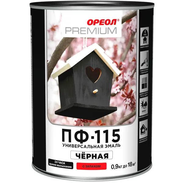 Эмаль Ореол Premium ПФ-115 глянцевая цвет чёрный 0.9 кг